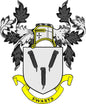Family crest pinback with shield, gold helm, and yellow banner reading SWARTS