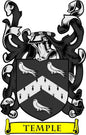 Temple family crest coat of arms pinback with black shield and yellow 'TEMPLE' banner