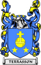 Terrasson family crest enamel pin with blue shield, yellow cross, stars, and banner text