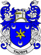 Thorpe family crest arms magnet with blue shield, gold star, white scroll, THORPE motto