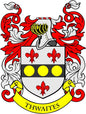 Family crest coat of arms magnet with red lion, white shield, yellow dots, THWAITES banner