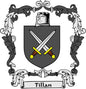 Tillan family crest pinback: dark shield with crossed swords and yellow accents, black border