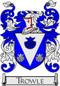 Trowle family crest enamel pinback with blue and white shield and TROWLE banner