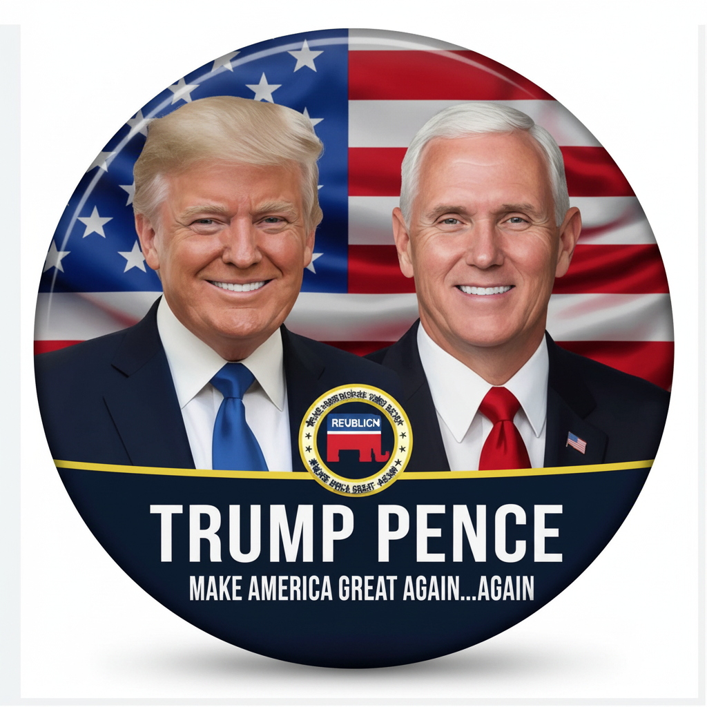 A circular political pinback button featuring portraits of Donald Trump and Mike Pence against an American flag background, with the text 'TRUMP PENCE' and 'MAKE AMERICA GREAT AGAIN - AGAIN' on a white and navy lower section.