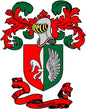 Family crest coat of arms pinback with red, green, and white shield design