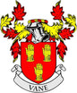 Family crest pinback badge with red-and-yellow coat of arms shield and VANE ribbon