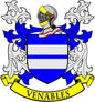 Venables family crest pinback with blue and white shield and yellow VENABLES ribbon