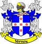 Family crest coat of arms magnet with blue shield, red stars, white cross, and Verney banner