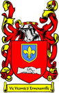 Family crest coat arms magnet with red lion shield, fleur-de-lis, and ribbon text