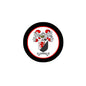 Round family crest arms magnet with black rim and red-white shield emblem