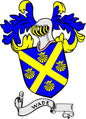 Wade crest enamel pinback with blue and yellow shield and scroll ribbon