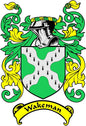 Wakeman family crest magnet with green-and-gold shield design and banner