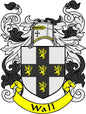 Family crest coat of arms pinback with shield, gold lion detail, and ribbon text "Wall"