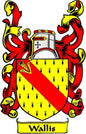 Wallis family crest coat of arms pinback: red and yellow shield with Wallis banner