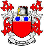 Walmesley family crest pinback with red shield, blue dots, black castle, and banner
