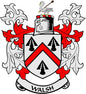 Walsh family crest coat of arms pinback, white shield with red chevron and black trees