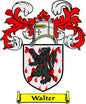 Walter family crest coat of arms pinback with shield, red flames, and banner