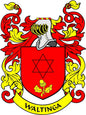 Waltinga family crest pinback with red-and-white shield, star of David, and ribbon banner