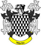 Warde family crest magnet with black checkered shield, helmet, and yellow ribbon