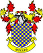 Warren family crest coat of arms pinback with blue-yellow checkered shield
