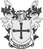 Wasterly coat of arms pinback badge with shield, cross, flames and crest scroll