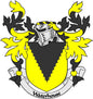 Waterhouse family crest pinback with yellow-and-black shield and Waterhouse banner