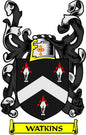 Watkins coat of arms magnet with black shield, white chevron, red fleur-de-lis, WATKINS ribbon
