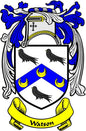 Family crest coat of arms magnet: shield with blue flames, birds, and gold banner