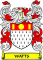 Watts family crest enamel pinback with red, white, and yellow coat of arms