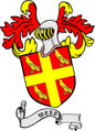 3-inch family crest coat-of-arms magnet with shield, birds, red ribbon and cross