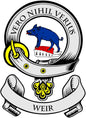 Round coat of arms pinback with blue dog on ice and 'WEIR' banner