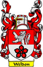 Family crest magnet with red-and-white shield, black details, and yellow 'Weldon' banner