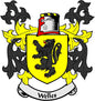 Welles family crest magnet with yellow shield, black lion, and flame-style border