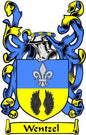 Wentzel family crest pinback: blue and yellow shield with fleur-de-lis, wings, banner