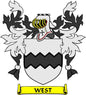 3-inch coat of arms pinback with West crest shield and ribbon design, black and red details