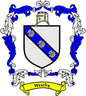 Westby family crest pinback with blue and white shield, crown, and ribbon banner design