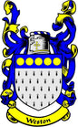 Weston family crest coat arms magnet with blue-and-yellow shield and banner ribbon