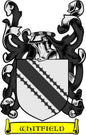 Whitfield family crest pinback with black and white shield and 'WHITFIELD' ribbon