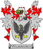 Coat of arms pinback badge with grey shield, black winged griffin, red/white flames, 'Wilberforce' banner