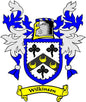 Wilkinson coat of arms pinback: blue-and-white shield with black cross paws and yellow banner