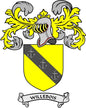 Family crest pinback badge with yellow and black shield, anchors, and Willebois banner