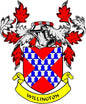 Willington family crest coat of arms pinback with red, blue shield and yellow banner