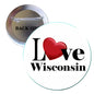 Round pinback button: white face with red heart and “Love Wisconsin” black lettering