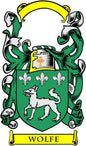 Wolfe family crest enamel pinback with green shield, lion, and yellow banner