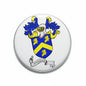 Family crest arms magnet with Wyndham banner, blue and yellow shield, round 3-inch