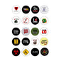 Set of 18 zombie-themed round pinback buttons with assorted graphic designs