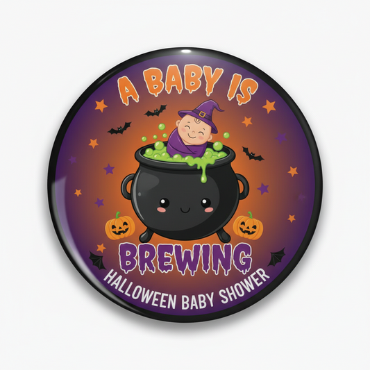 Round Halloween baby shower pinback button with cauldron, baby, bats, pumpkins text