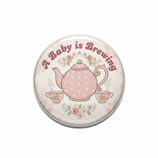 Pink vintage teapot and tea cups pinback button, round with floral design