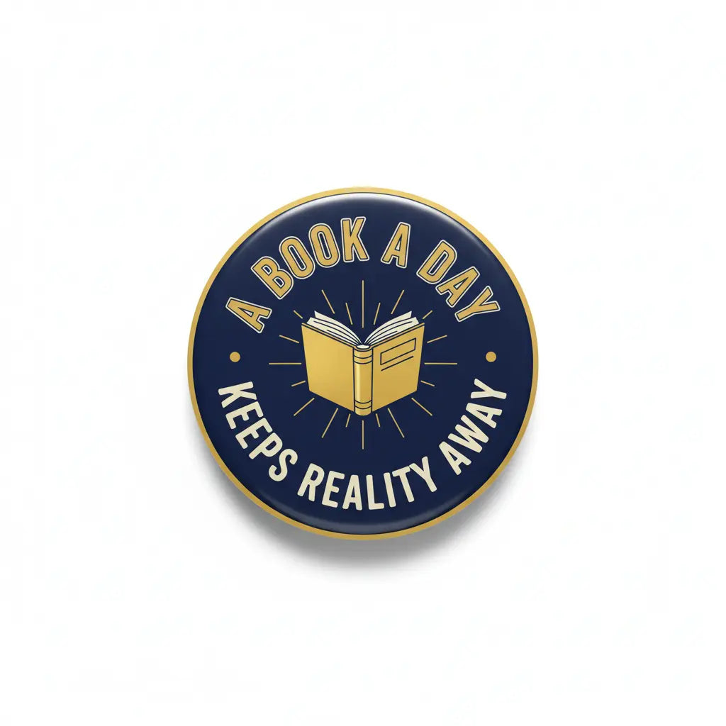 Round blue enamel pinback button with gold edge and open-book “A book a day” text