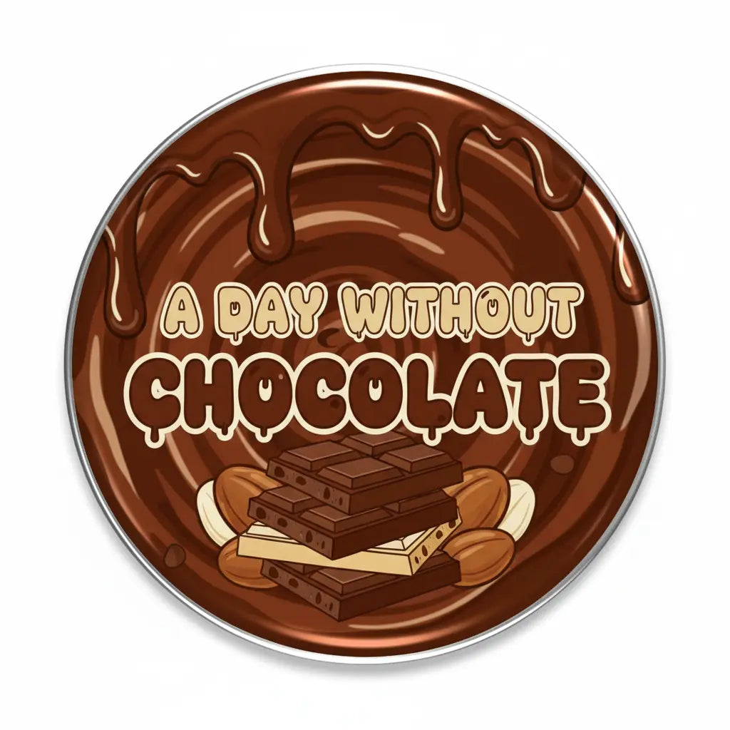 2.25-inch chocolate pinback button: 'A DAY WITHOUT CHOCOLATE' with chocolate bar art